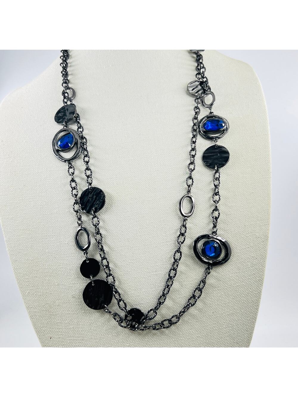 Chico’s Gunmetal Long Layered Statement Necklace Cobalt Blue Crystal Accent